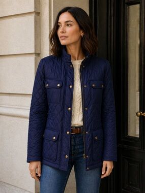 Lauren Ralph Lauren Quilted Barn Jacket Navy Blue Classic Equestrian Style